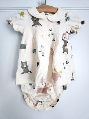 pureborn Baby Girl Woodland Animals Dress, Bloomer & Headband Set